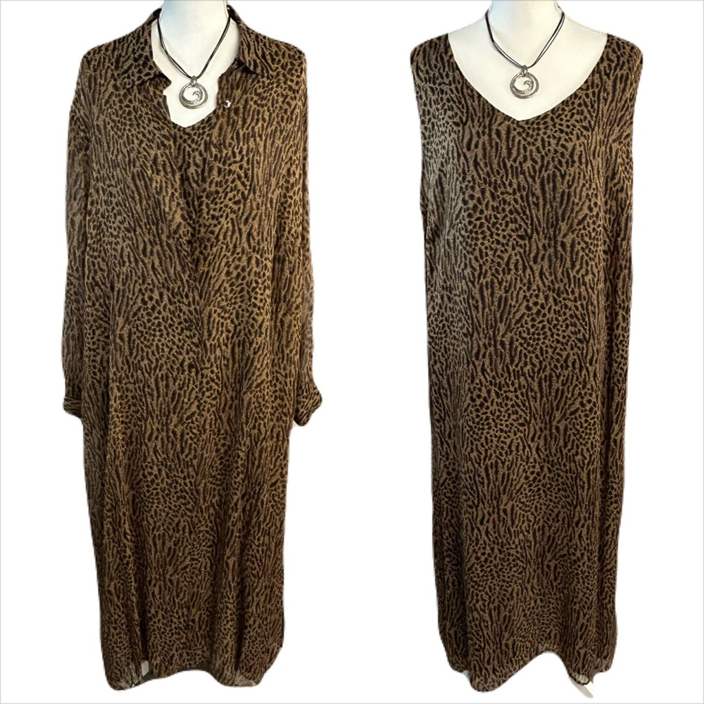 Vtg Robbie Bee Leopard Print Maxi Slip Dress Sheer Duster Set Size 20W 100% Silk
